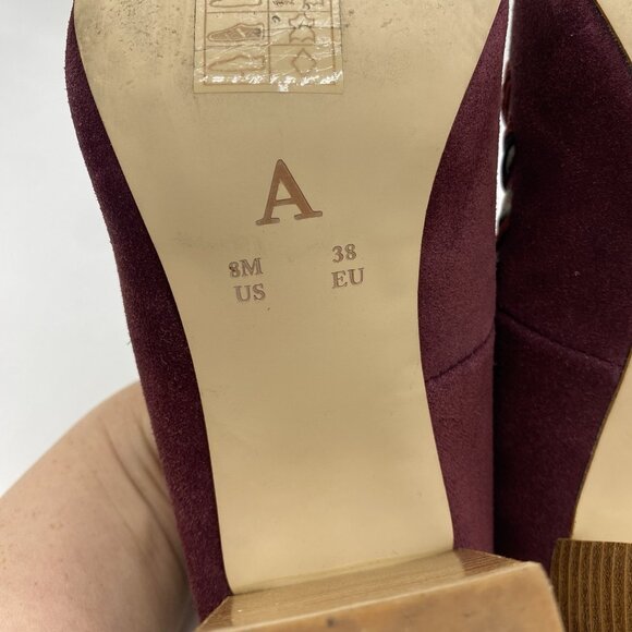 Anthropologie Pointed Toe Pumps 8M Whipstitch Braided Wood Block Heel Suede Wine - Picture 13 of 14